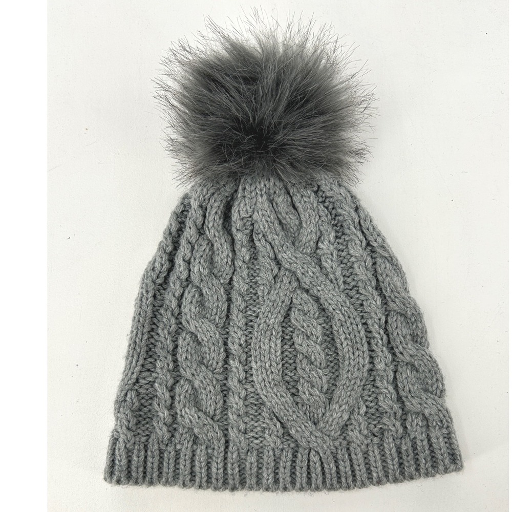 Banana Republic Gray Cable Knit Beanie Faux Fur Pom Pom Hat One Size